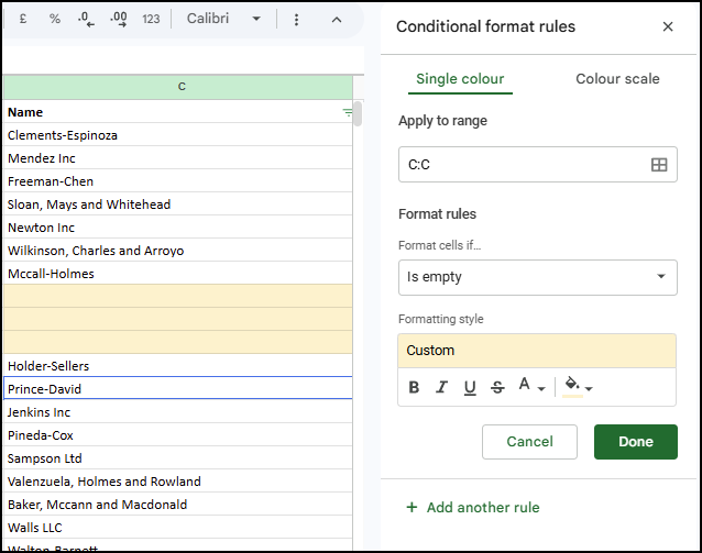 How to Select Blank Cells in Google Sheets 6 Conditional formatting sidebar with "Is empty" rule and fill color applied to a sheet with highlighted blanks