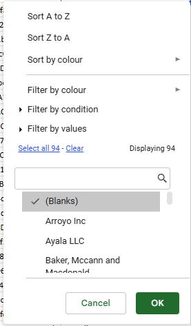 How to Select Blank Cells in Google Sheets 5 Filter dropdown menu with "Clear" clicked and only "(Blanks)" checkbox selected